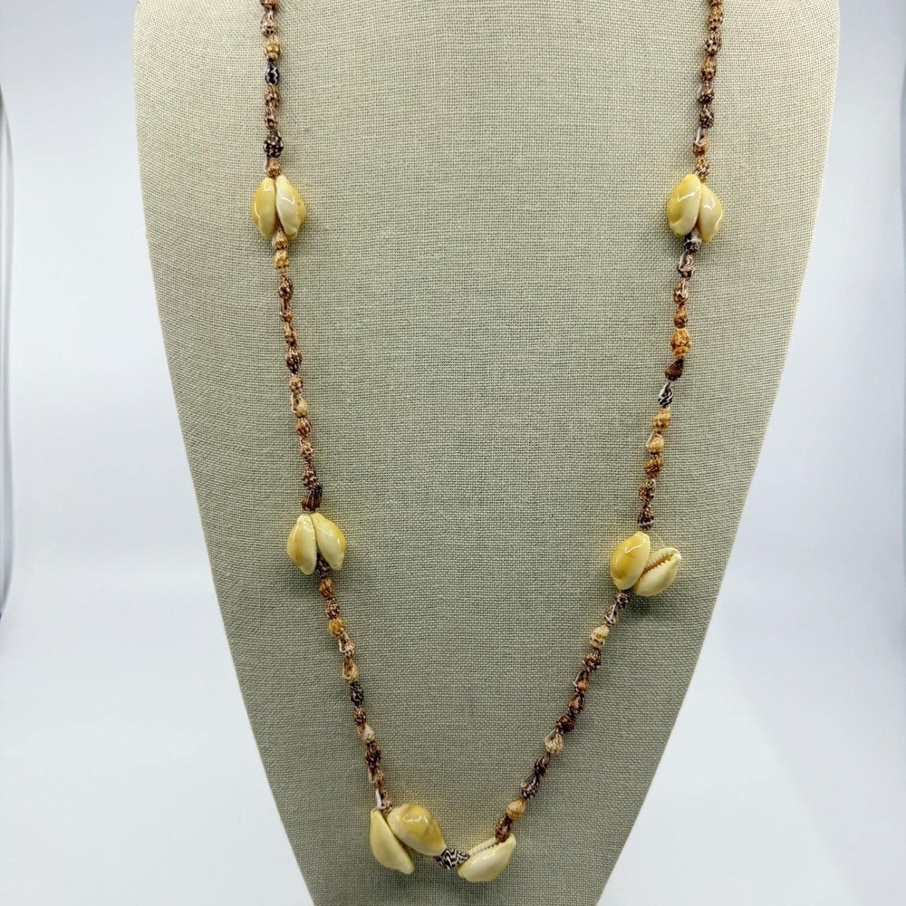 Natural Cowrie Seashell Station Necklace Brown Cream Coastal Boho Statement Gift